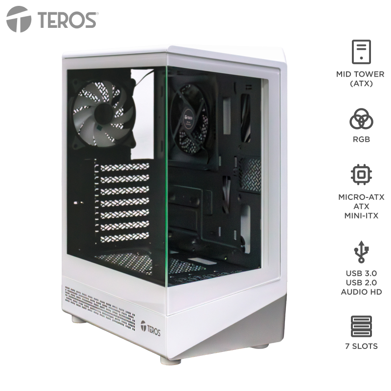 Case Gamer Teros Te-1322G, Mid Tower, USB 3.0 / USB 2.0, Audio, Ventilador Rgb, Blanc