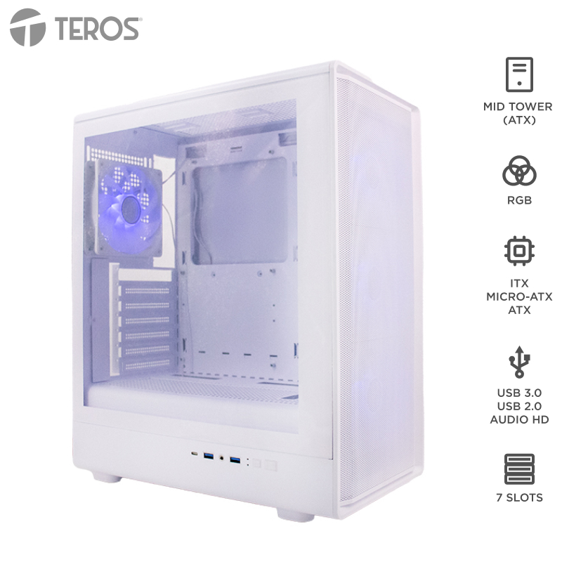 Case Sin Fuente Gamer Teros Te-1329G, Itx, M-Atx,Atx, 3.5 Y 2.5, Blancoarma Tu