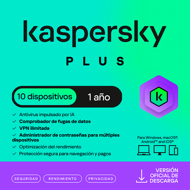 Antivirus Kaspersky Plus, Para 10 Pcs, Lic 1 Año,Producto Virtual.