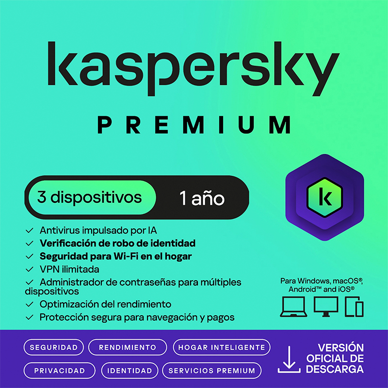 Antivirus Kaspersky Premium, Para 3 Pcs, Lic 1 Año, Producto Virtual.