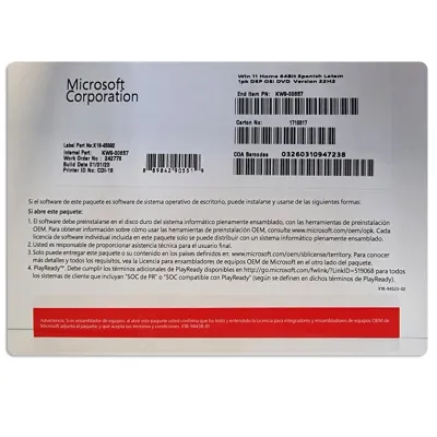 Sistema Operativo Microsoft Windows Home 11, 64 Bits, Español, 1Pk, Dsp Oem Dvd.