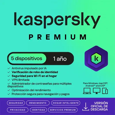 Antivirus Kaspersky Premium, Para 5 Pcs, Lic 1 Año, Producto Virtual.